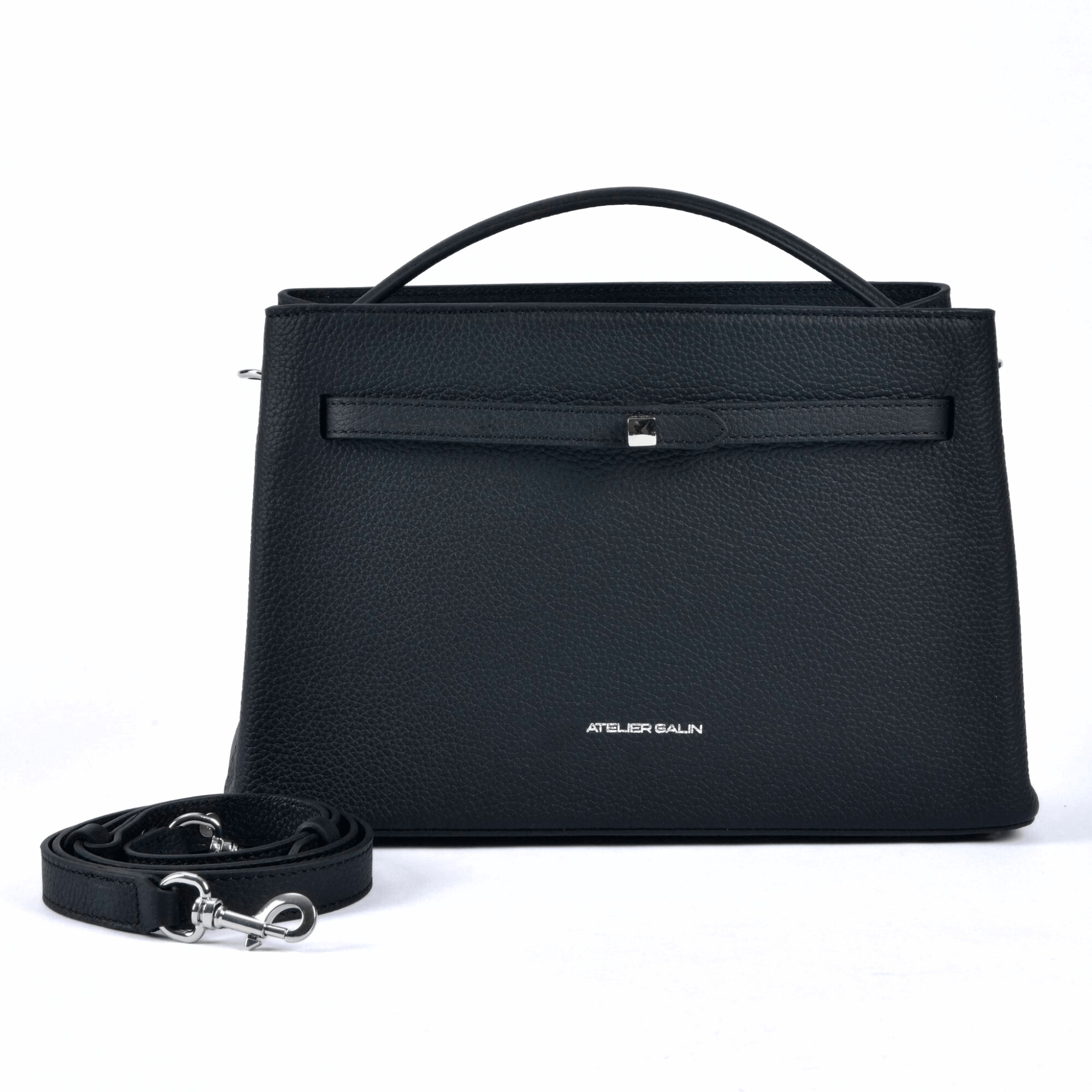 Black atelier galin cube lock handbag with silver hardware and brand logo with detachbale shoulder strap 