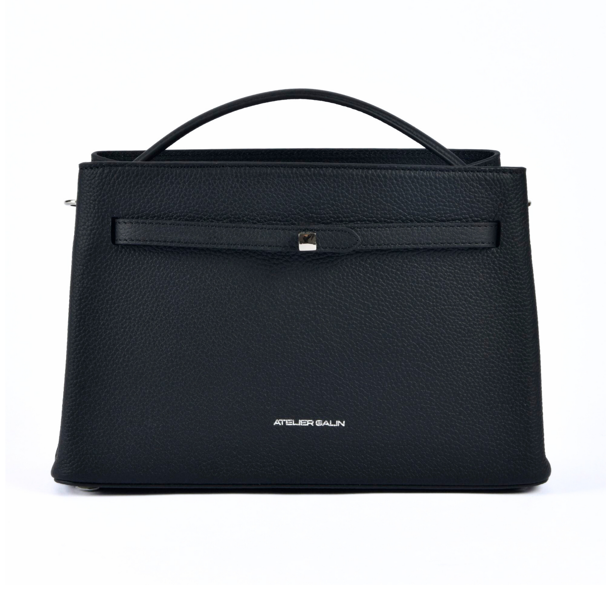 cube lock leather Black handbag with atelier galin brand logo on a white background