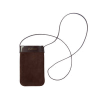 Brown leather and suede phone pouch bag with a crossbody strap on a white background