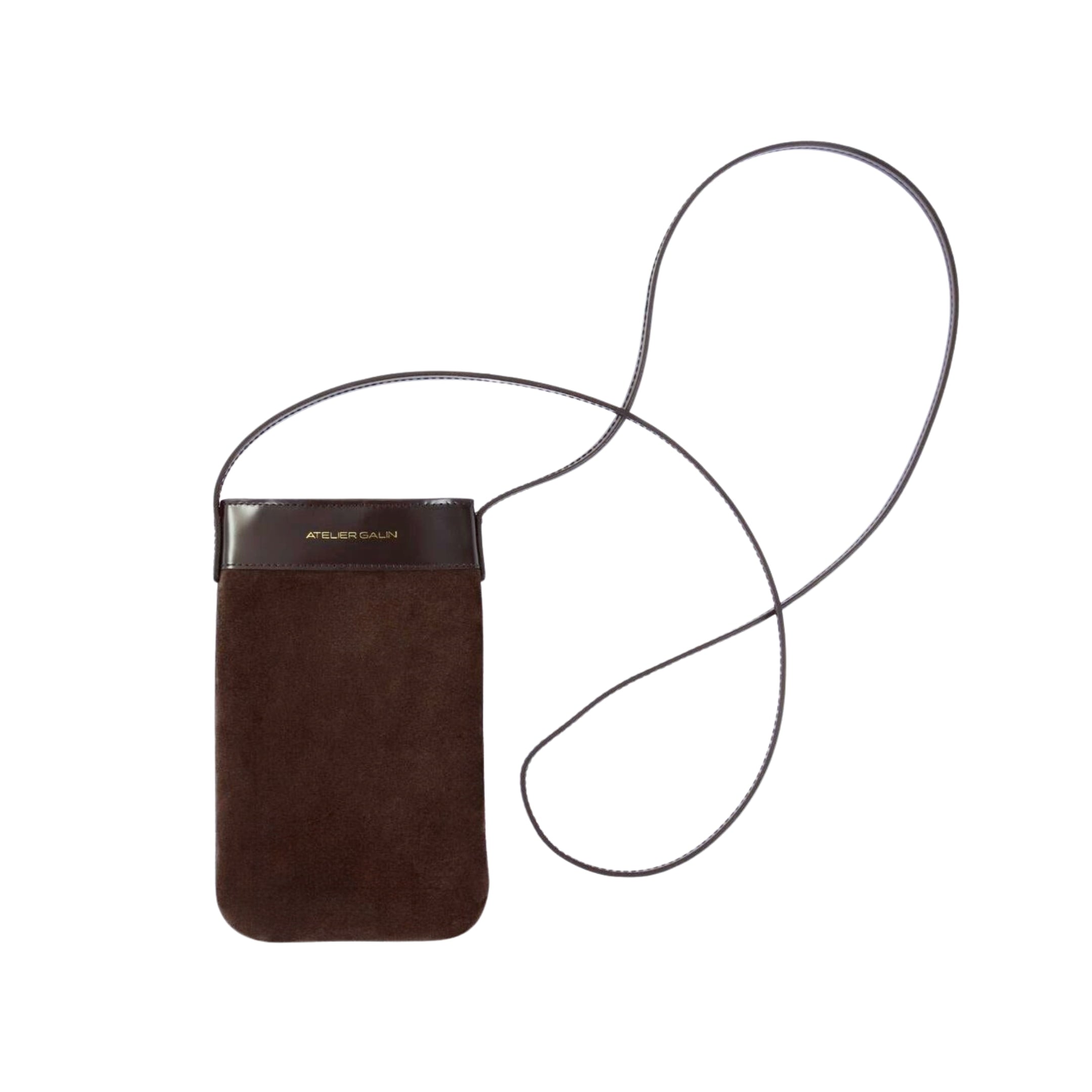 Brown leather and suede phone pouch bag with a crossbody strap on a white background