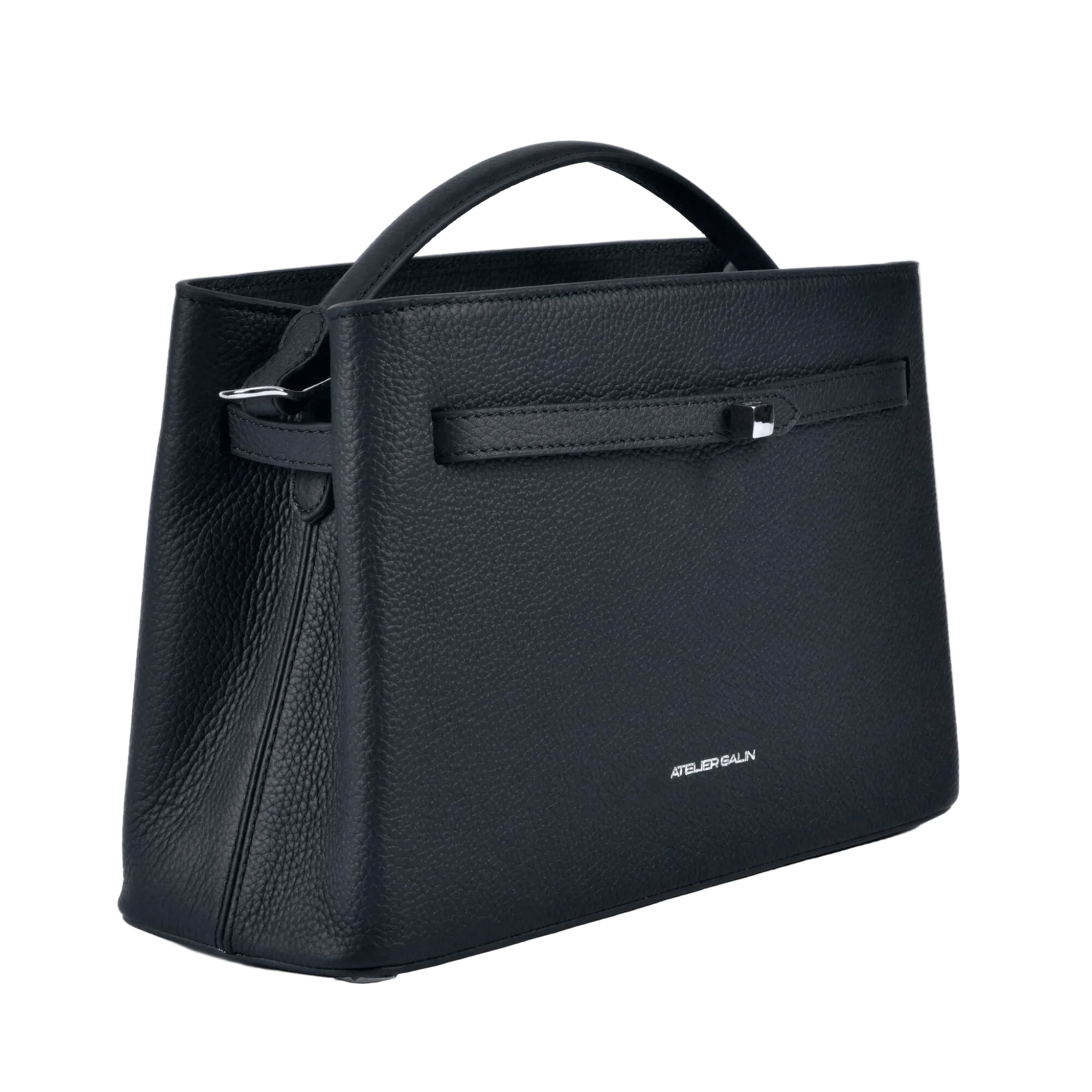 Black atelier galin cube lock handbag with silver hardware and brand logo on a white background