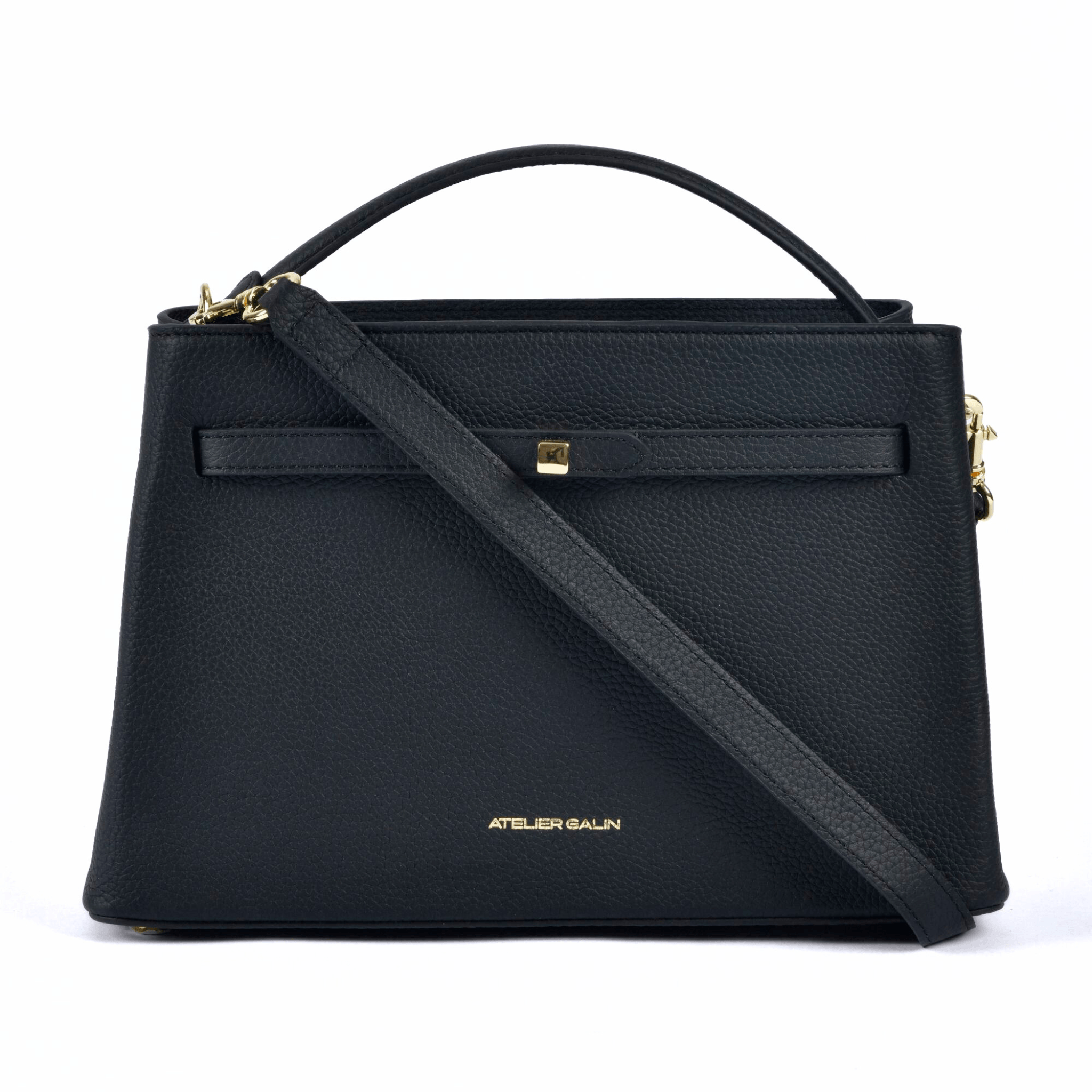 atelier galin cube lock handbag in black lwg gold certified grained leather and gold hardware  crossbody strap