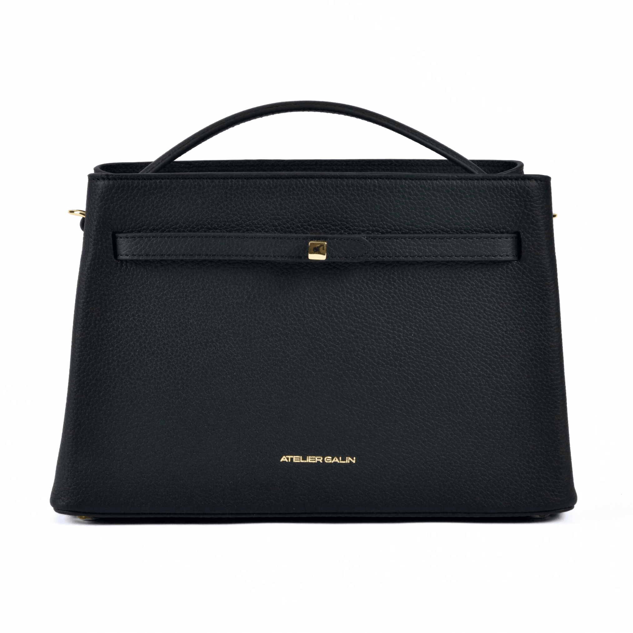 atelier galin cube lock handbag in black lwg gold certified grained leather and gold hardware top view