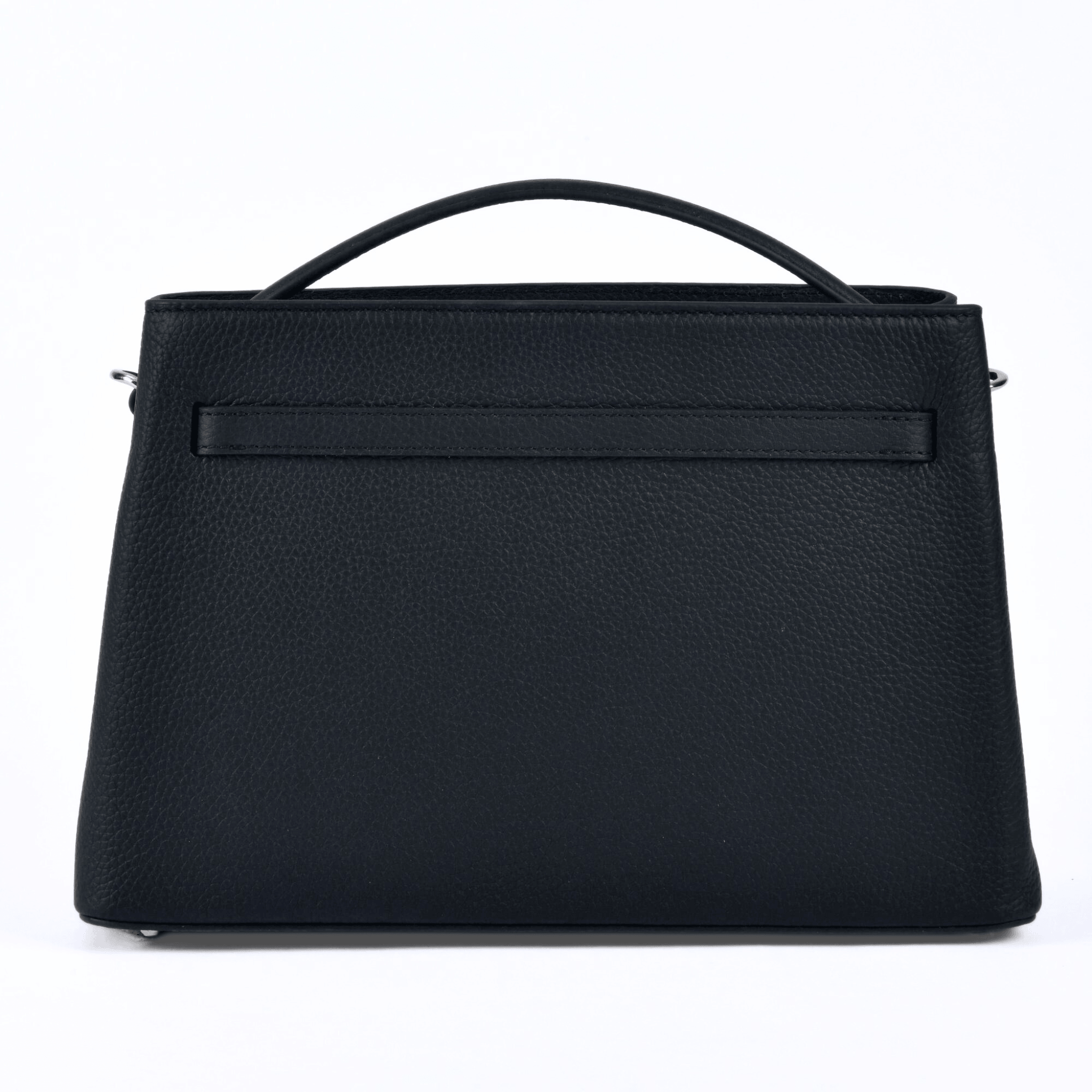 Black atelier galin cube lock handbag with silver hardware and brand logo back view