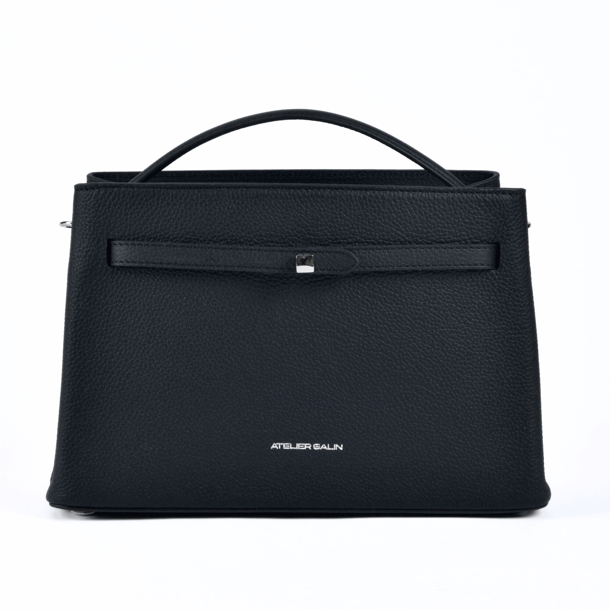Black atelier galin cube lock handbag with silver hardware and brand logo on a white background