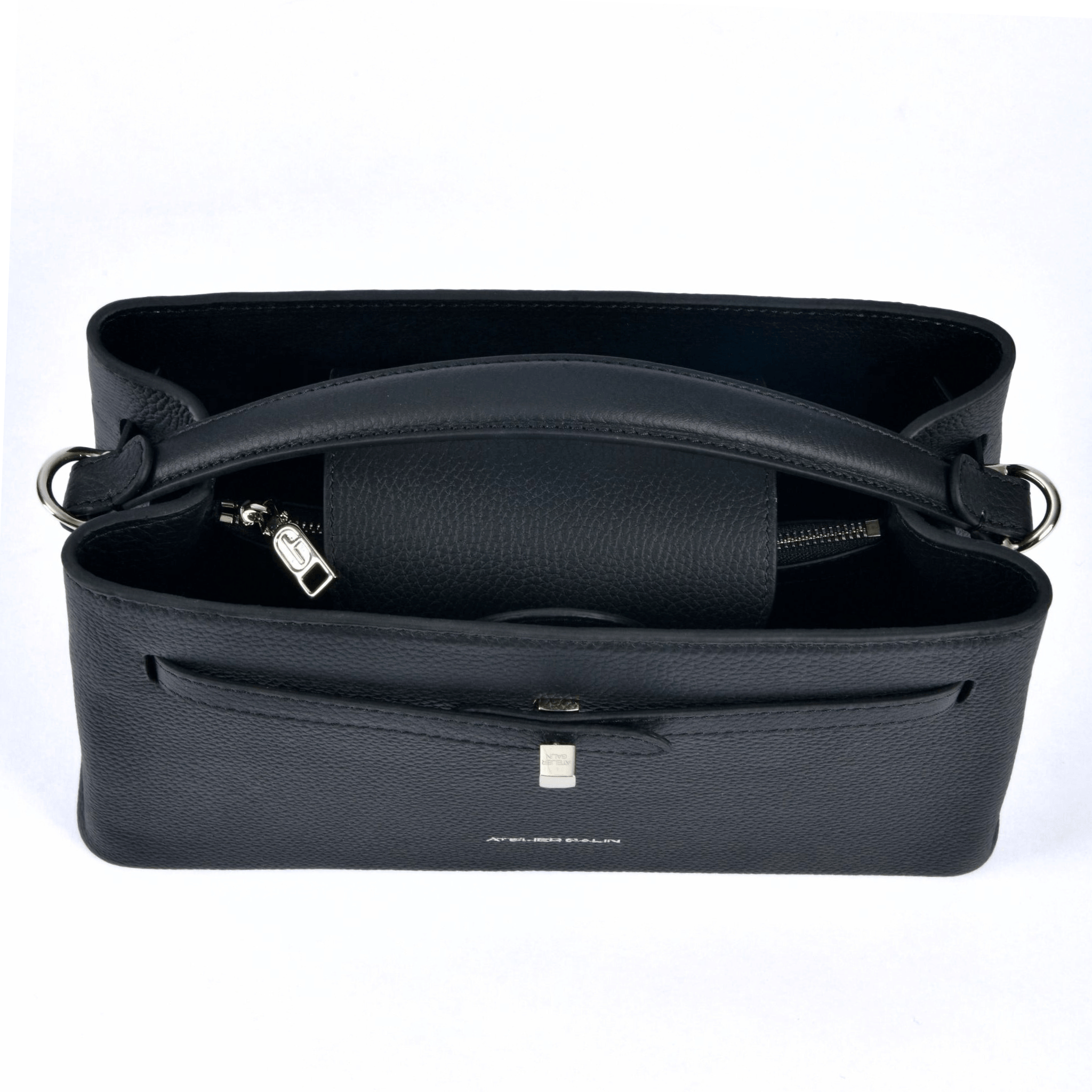 Black atelier galin cube lock handbag with silver hardware and brand logo top view with zipper and lock details