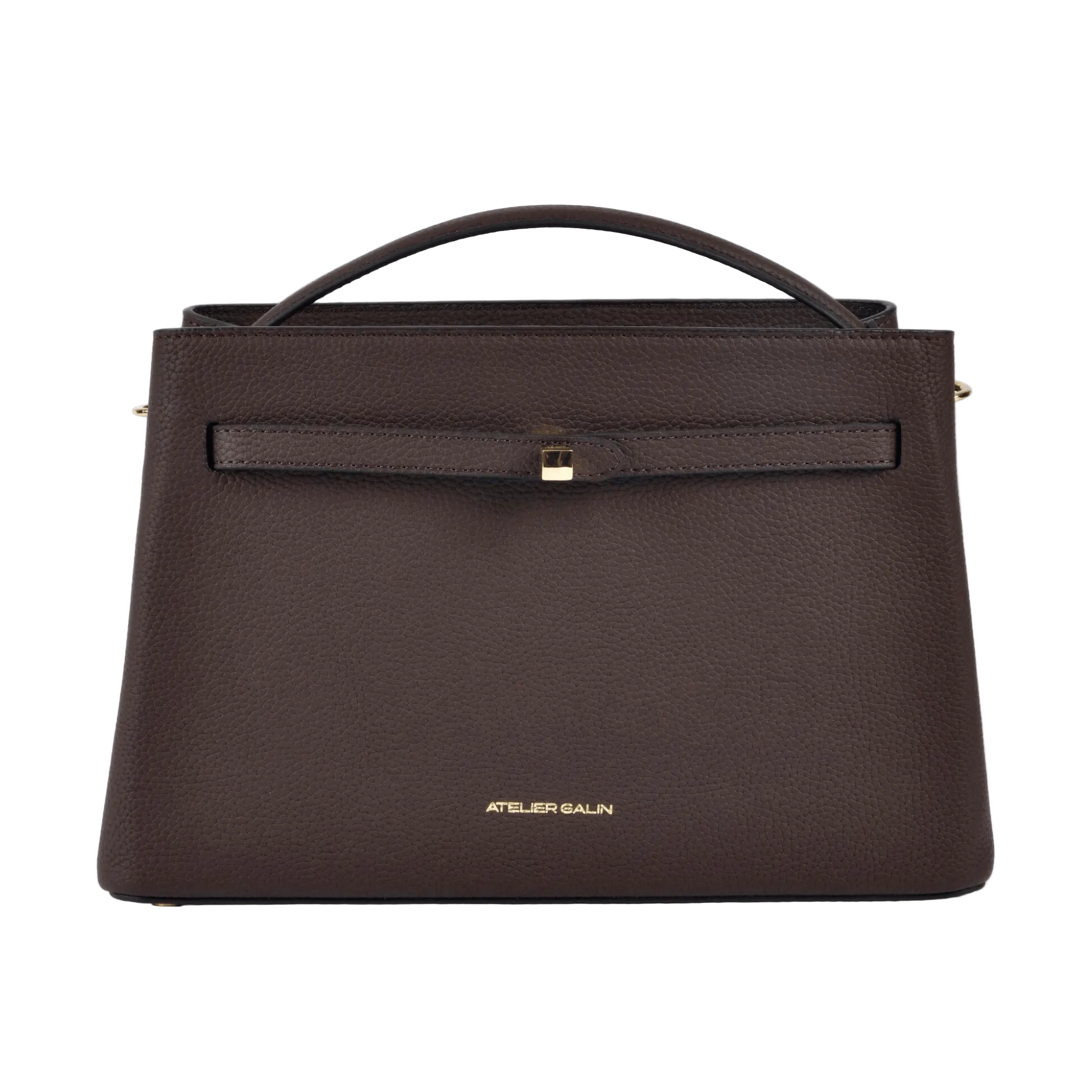 atelier galin cube lock handbag in chocolate brown lwg gold certified grained leather and gold hardware front view