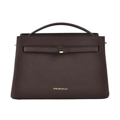 atelier galin cube lock handbag in chocolate brown lwg gold certified grained leather and gold hardware front view