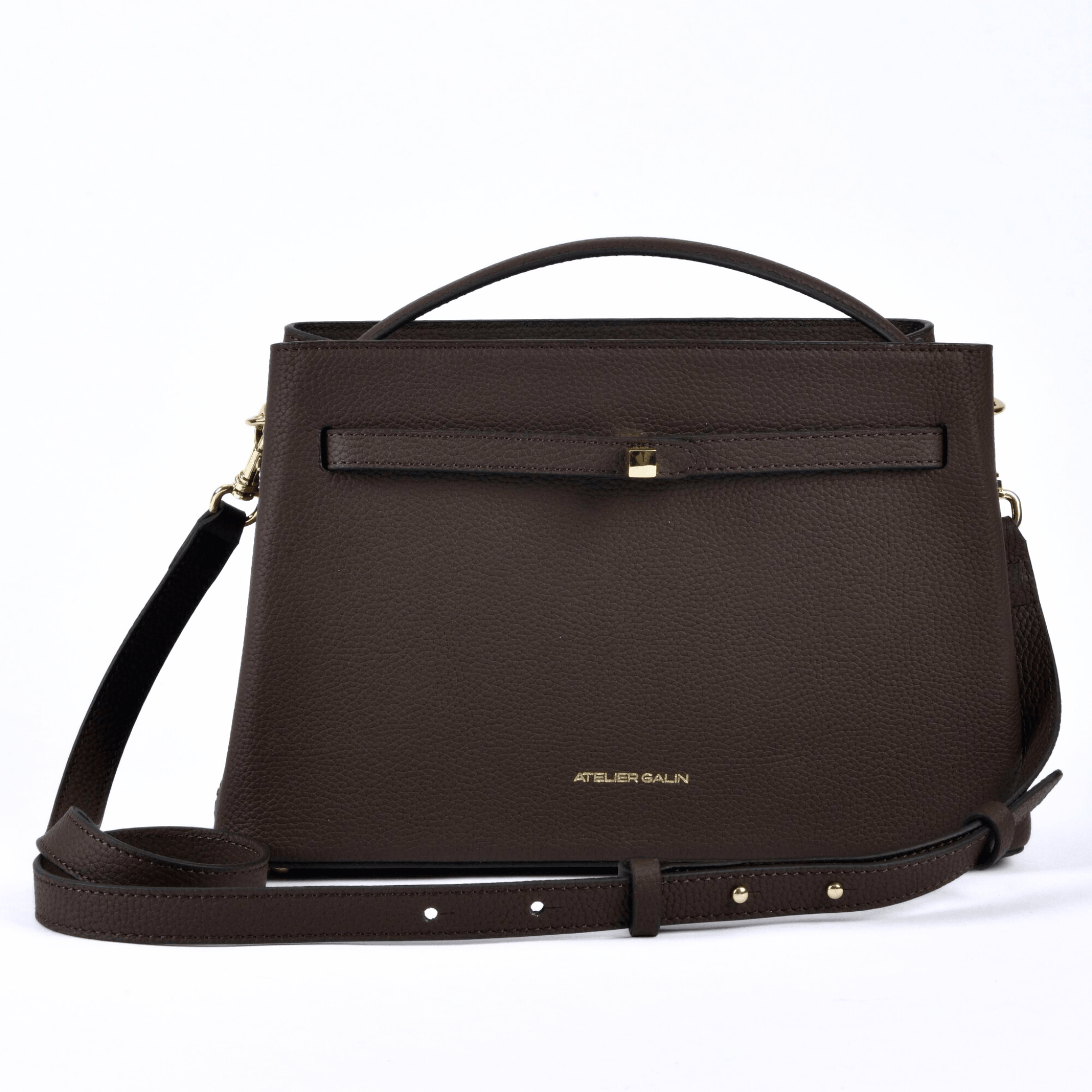 atelier galin cube lock handbag in chocolate brown lwg gold certified grained leather and gold hardware shoulder strap
