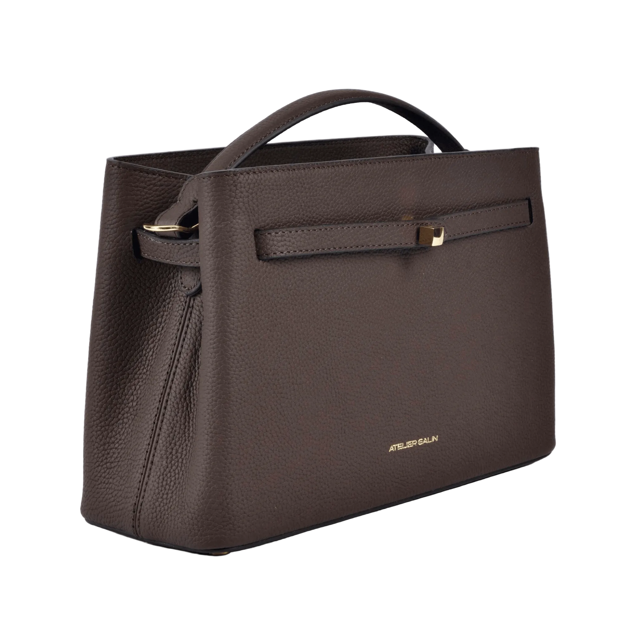 atelier galin cube lock handbag in chocolate brown lwg gold certified grained leather and gold hardware side view