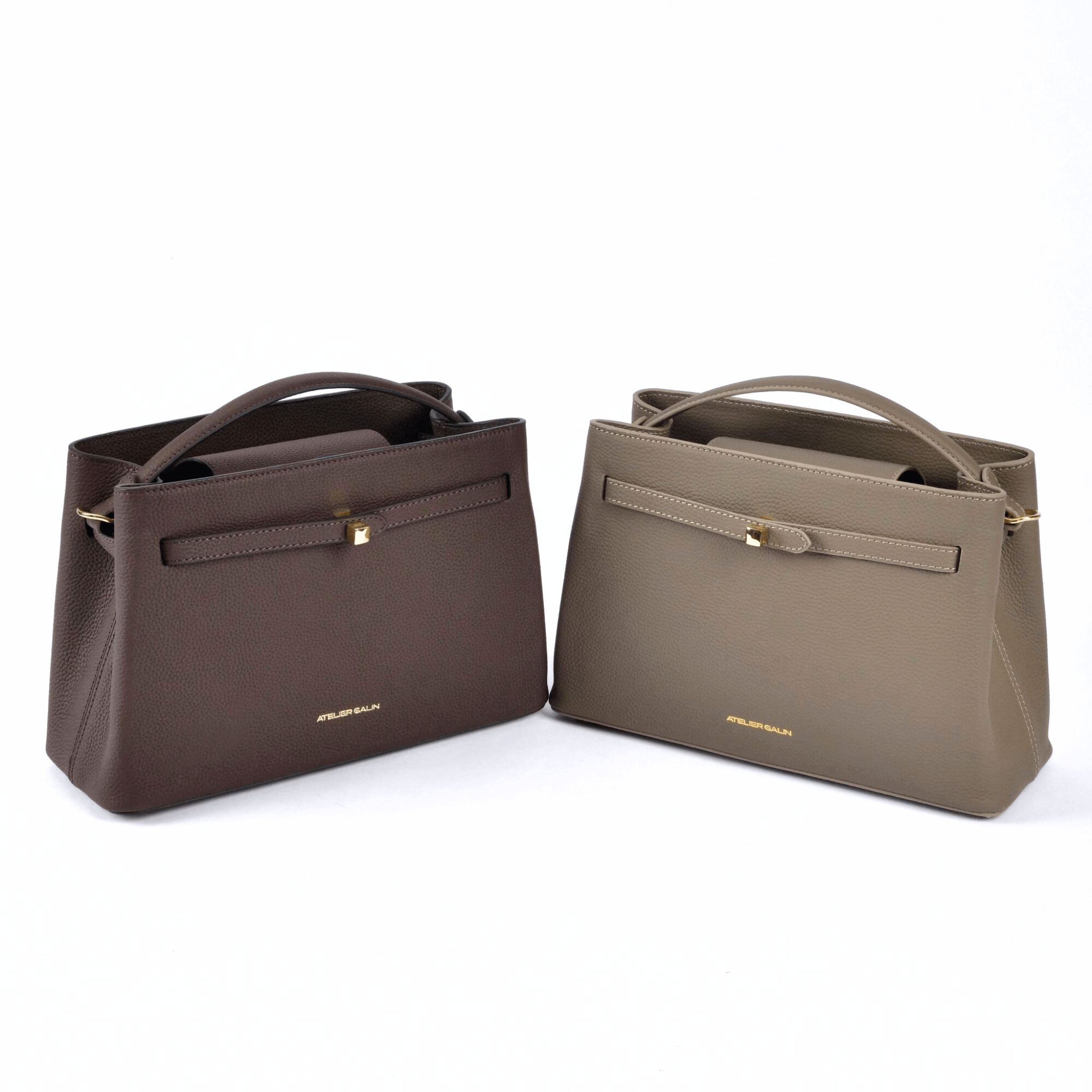 atelier galin cube lock bag mink choco brown together white backgroundolors 