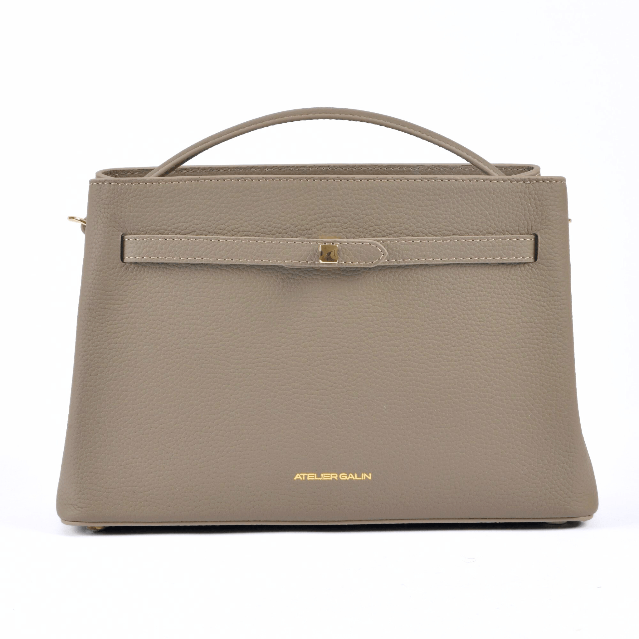 Beige atelier galin cube lock bag with 'Atelier Galin' branding on a white background