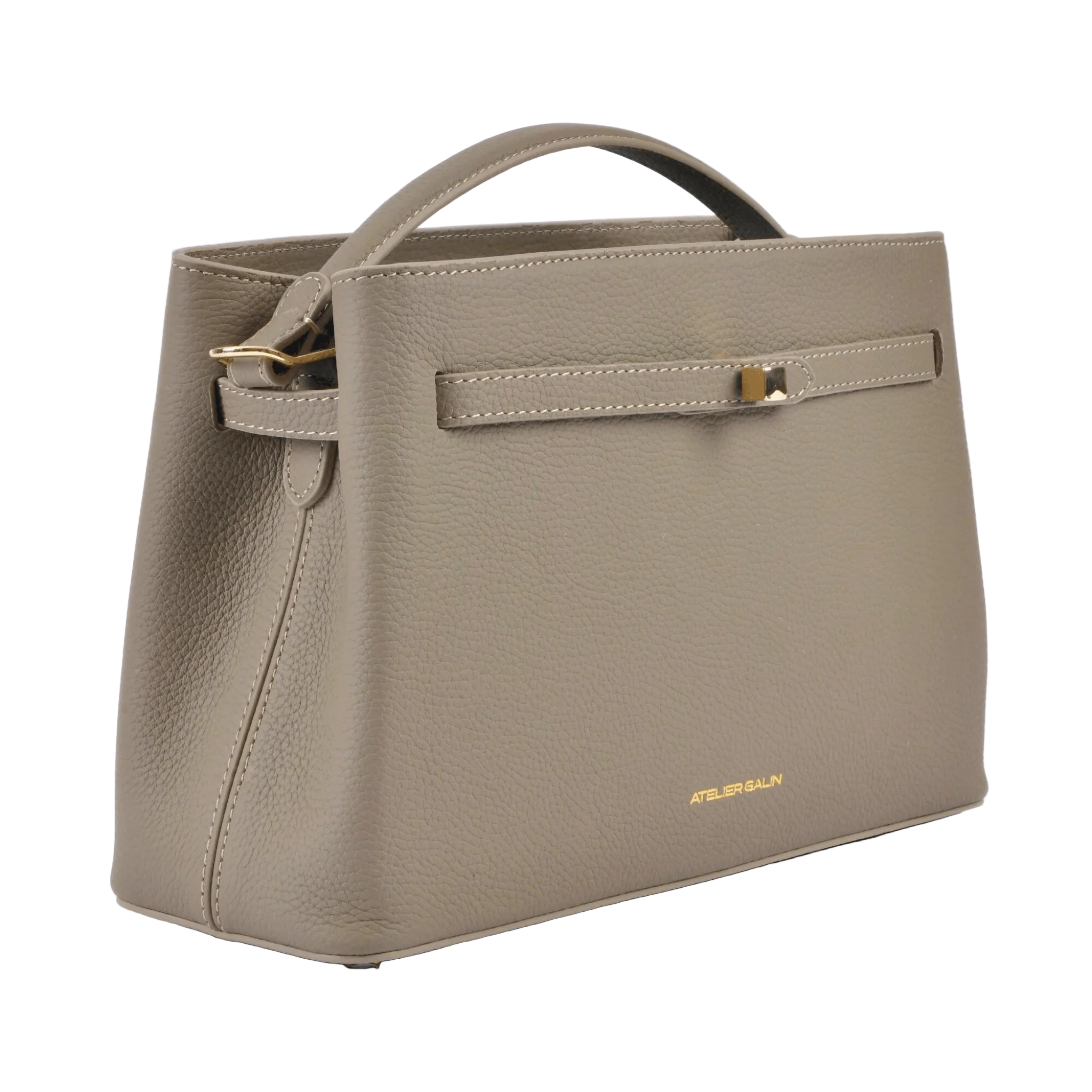 Beige atelier-galin-cube-lock-bag  handbag with gold accents on a white background