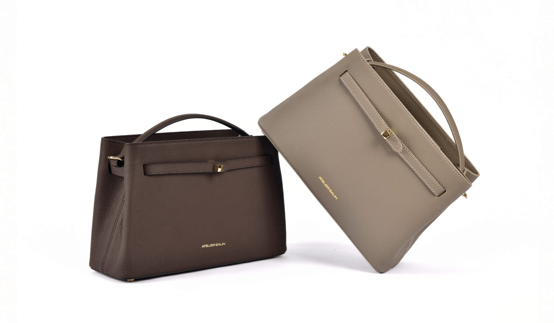 choco chocolate brown and beige mink  atelier galin cube lock handbag with gold logo on a white background