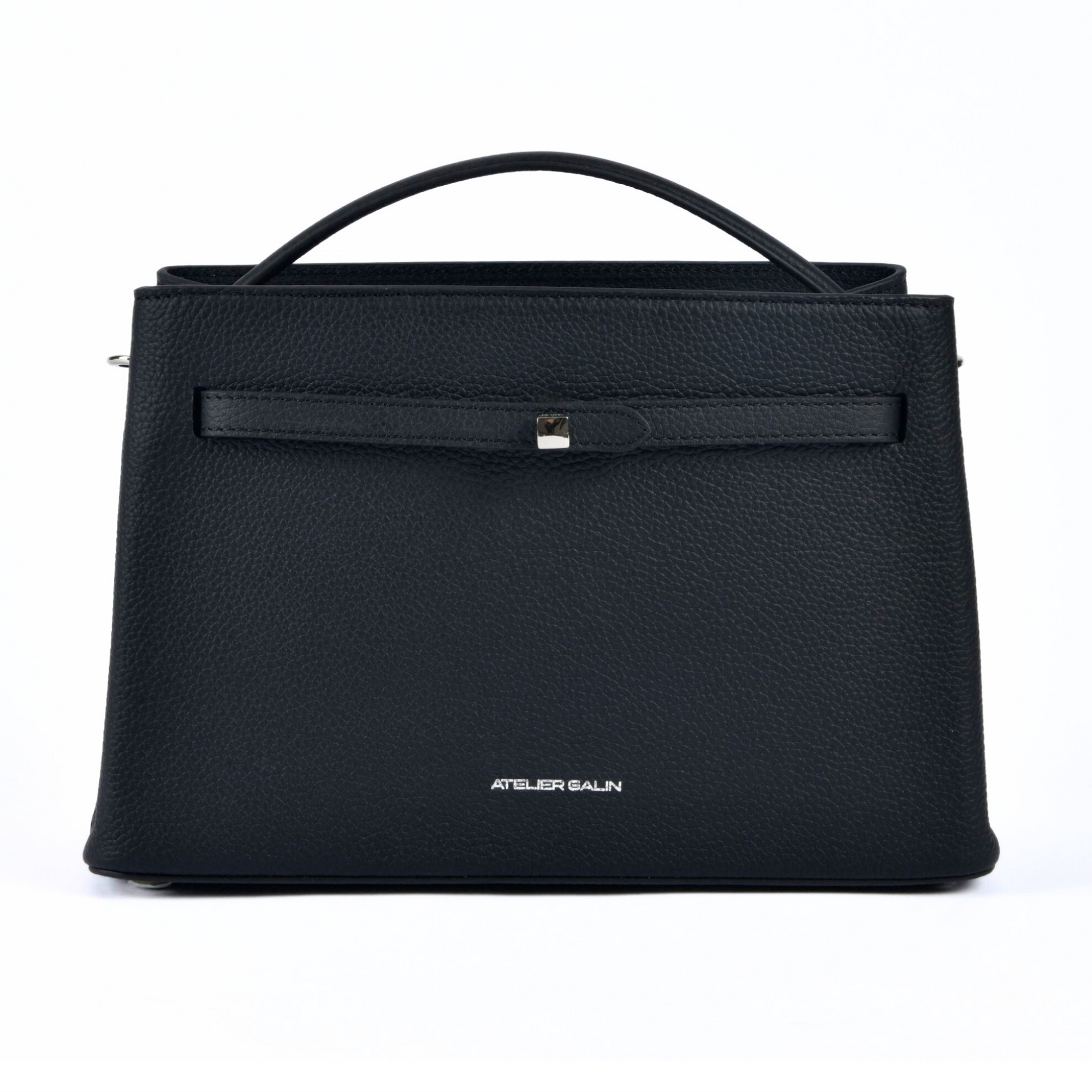 Black handbag with a visible brand logo on a white background